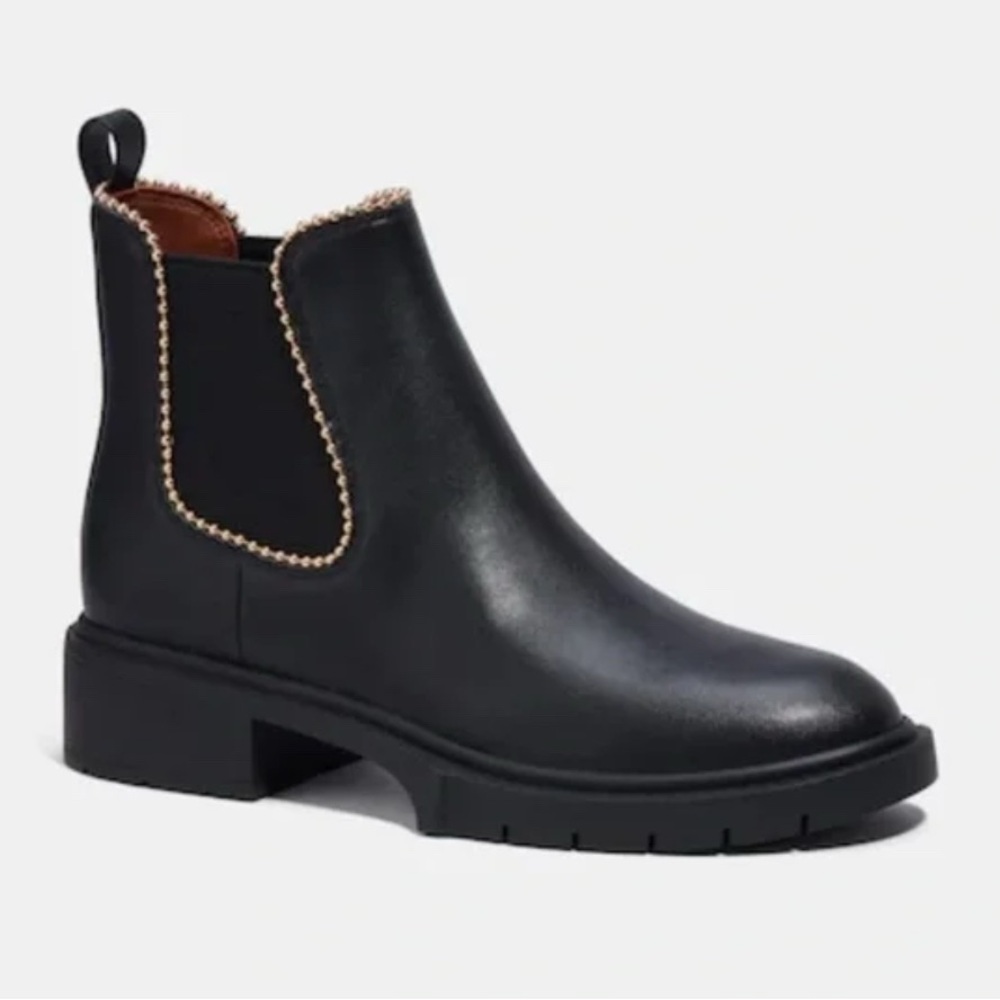 Coach Black Leather Chelsea Boots with Gold Trim